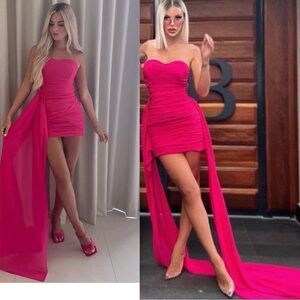 Zara Barbie Mattel Pink Strapless Draped Ruched Short Mini Dress long sash Sz M